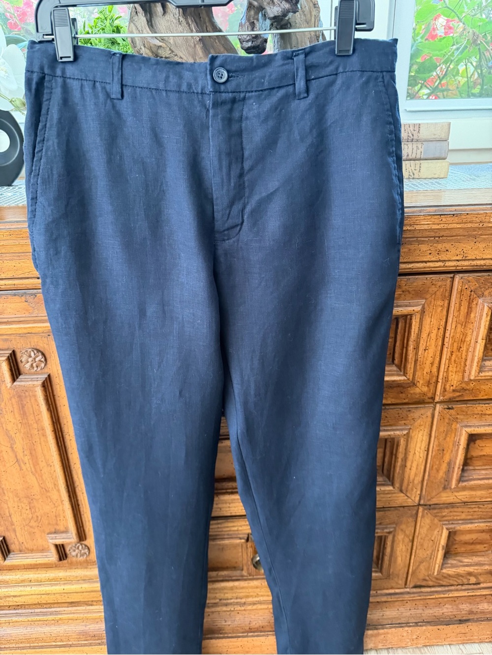 Zara Navy Linen-Blend Chinos